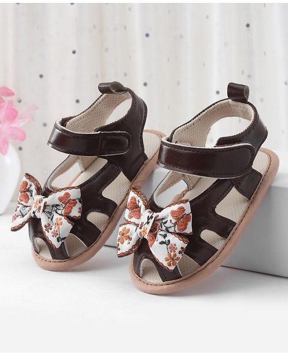 Cute Walk by Babyhug Booties With Bow Applique & Velcro Closure - Brown