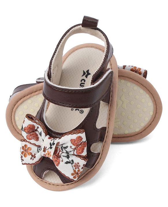 Cute Walk by Babyhug Booties With Bow Applique & Velcro Closure - Brown