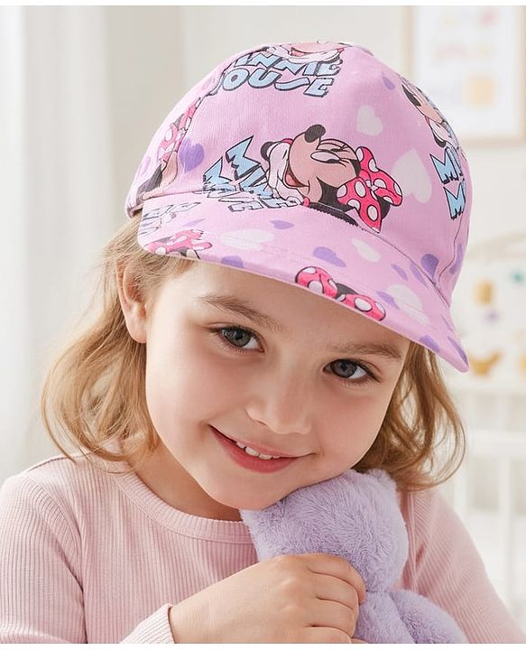 Babyhug Disney Cotton Woven Summer Cap With Minnie Mouse Print Pink - Diameter 16 cm