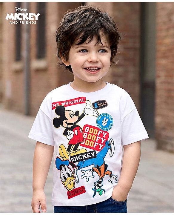 Babyhug Disney Single Jersey Knit Drop Shoulder Half Sleeves Oversized T-Shirt with Mickey & Friends Graphic - White