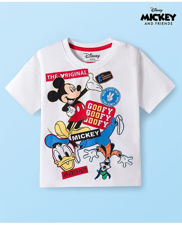 Babyhug Disney Single Jersey Knit Drop Shoulder Half Sleeves Oversized T-Shirt with Mickey & Friends Graphic - White