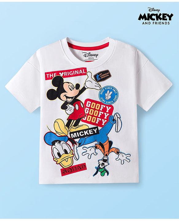 Babyhug Disney Single Jersey Knit Drop Shoulder Half Sleeves Oversized T-Shirt with Mickey & Friends Graphic - White