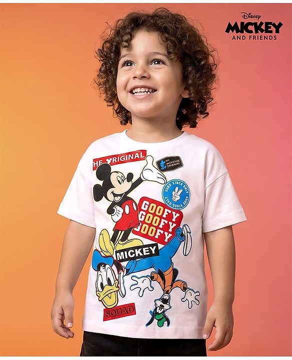Babyhug Disney Single Jersey Knit Drop Shoulder Half Sleeves Oversized T-Shirt with Mickey & Friends Graphic - White