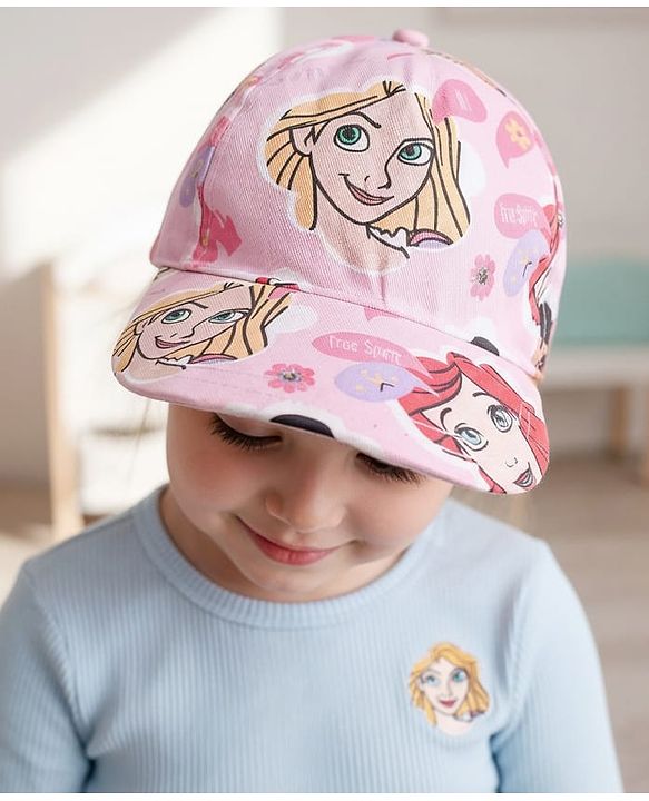 Babyhug Disney Cotton Woven Summer Cap With Disney Princess Print Pink - Diameter 15 cm