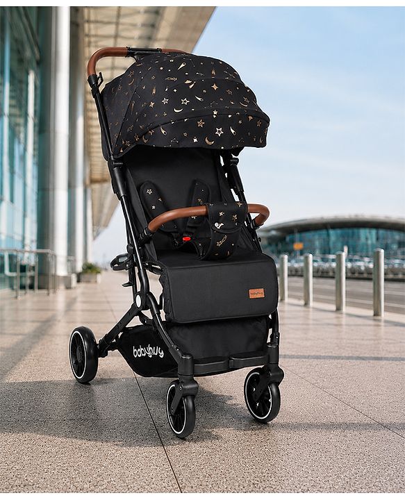 Babyhug Portable Baby Stroller with One-Hand Compact Fold Newborn Pram Concealed Linked Brake, Front Swivel Wheels, Safety Harness, Shock Absorbing Wheels Storage Basket Moon & Star Print - Black