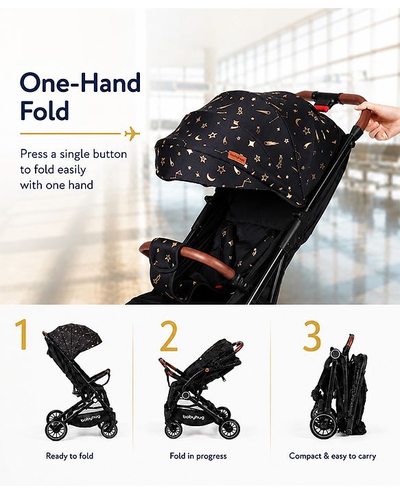 Babyhug Portable Baby Stroller with One-Hand Compact Fold Newborn Pram Concealed Linked Brake, Front Swivel Wheels, Safety Harness, Shock Absorbing Wheels Storage Basket Moon & Star Print - Black
