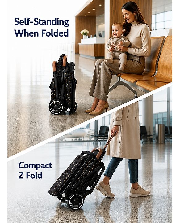 Babyhug Portable Baby Stroller with One-Hand Compact Fold Newborn Pram Concealed Linked Brake, Front Swivel Wheels, Safety Harness, Shock Absorbing Wheels Storage Basket Moon & Star Print - Black