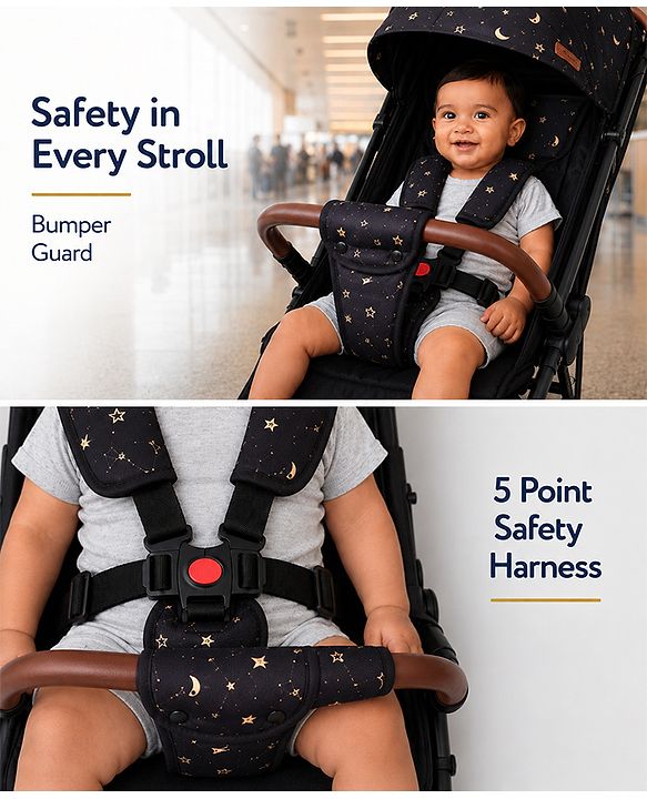Babyhug Portable Baby Stroller with One-Hand Compact Fold Newborn Pram Concealed Linked Brake, Front Swivel Wheels, Safety Harness, Shock Absorbing Wheels Storage Basket Moon & Star Print - Black