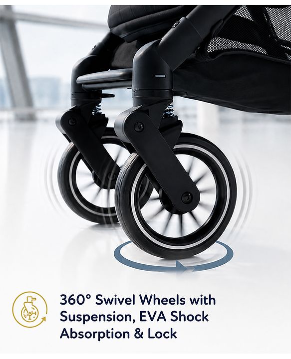 Babyhug Portable Baby Stroller with One-Hand Compact Fold Newborn Pram Concealed Linked Brake, Front Swivel Wheels, Safety Harness, Shock Absorbing Wheels Storage Basket Moon & Star Print - Black