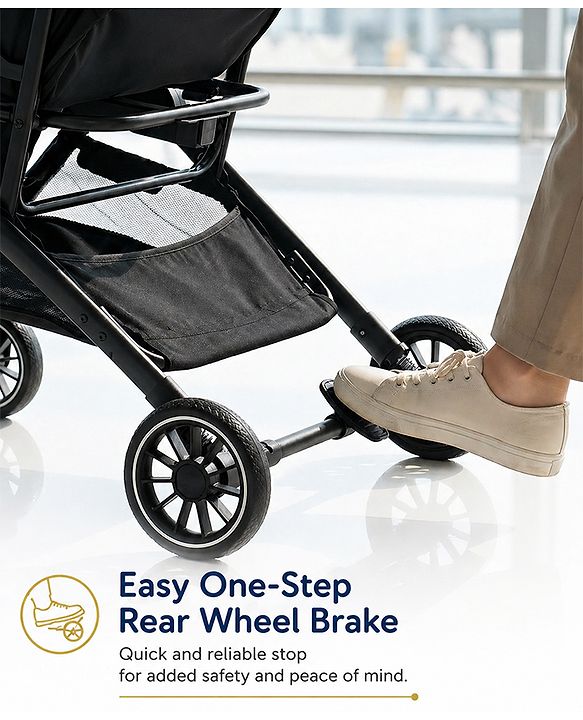 Babyhug Portable Baby Stroller with One-Hand Compact Fold Newborn Pram Concealed Linked Brake, Front Swivel Wheels, Safety Harness, Shock Absorbing Wheels Storage Basket Moon & Star Print - Black