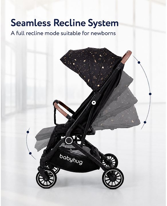 Babyhug Portable Baby Stroller with One-Hand Compact Fold Newborn Pram Concealed Linked Brake, Front Swivel Wheels, Safety Harness, Shock Absorbing Wheels Storage Basket Moon & Star Print - Black