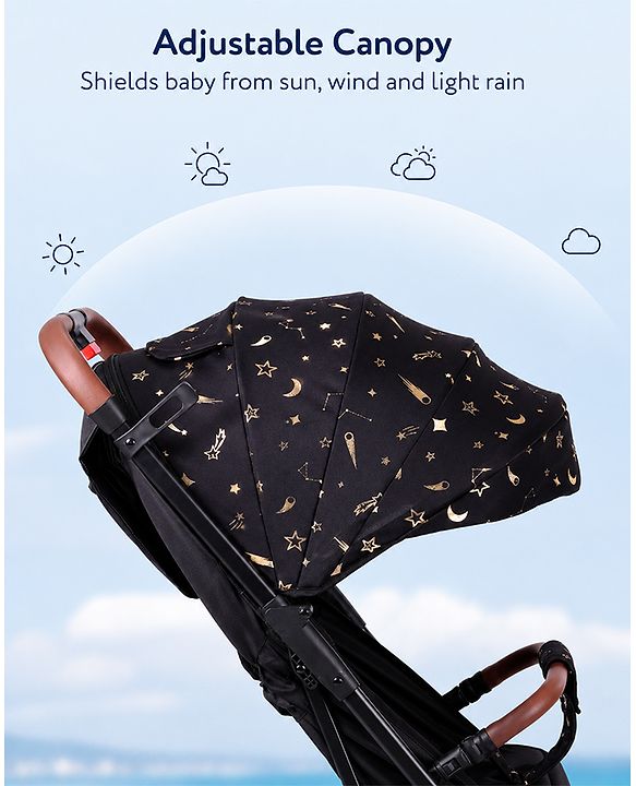 Babyhug Portable Baby Stroller with One-Hand Compact Fold Newborn Pram Concealed Linked Brake, Front Swivel Wheels, Safety Harness, Shock Absorbing Wheels Storage Basket Moon & Star Print - Black