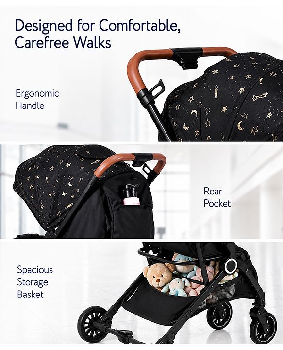 Babyhug Portable Baby Stroller with One-Hand Compact Fold Newborn Pram Concealed Linked Brake, Front Swivel Wheels, Safety Harness, Shock Absorbing Wheels Storage Basket Moon & Star Print - Black