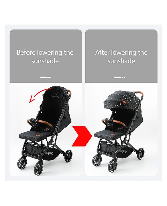 Babyhug Portable Baby Stroller with One-Hand Compact Fold Newborn Pram Concealed Linked Brake, Front Swivel Wheels, Safety Harness, Shock Absorbing Wheels Storage Basket Moon & Star Print - Black