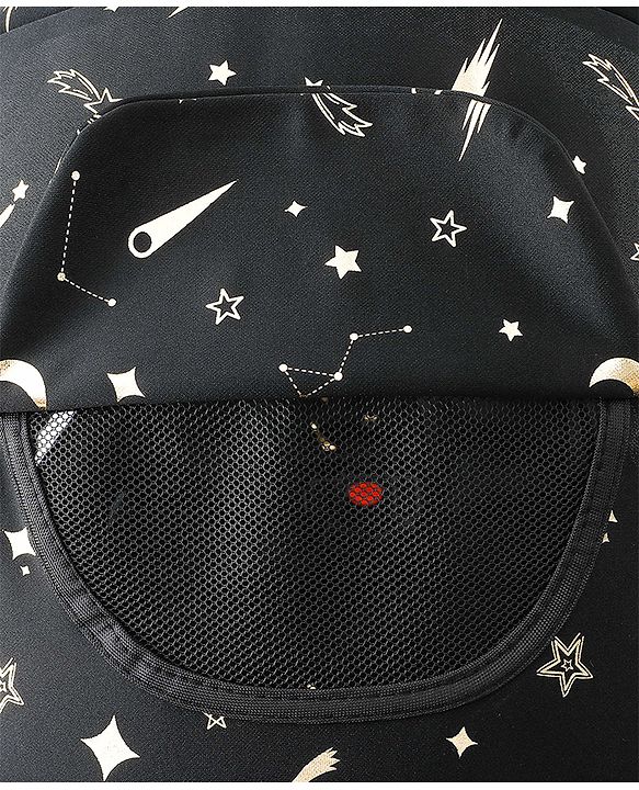 Babyhug Portable Baby Stroller with One-Hand Compact Fold Newborn Pram Concealed Linked Brake, Front Swivel Wheels, Safety Harness, Shock Absorbing Wheels Storage Basket Moon & Star Print - Black