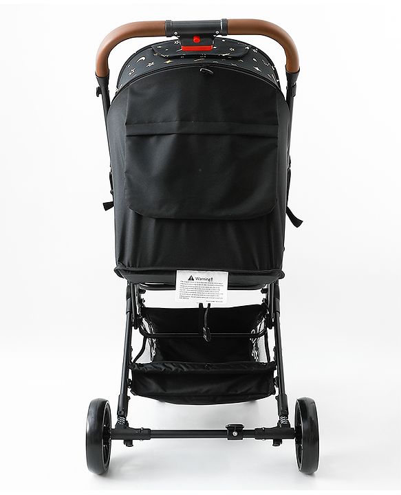Babyhug Portable Baby Stroller with One-Hand Compact Fold Newborn Pram Concealed Linked Brake, Front Swivel Wheels, Safety Harness, Shock Absorbing Wheels Storage Basket Moon & Star Print - Black