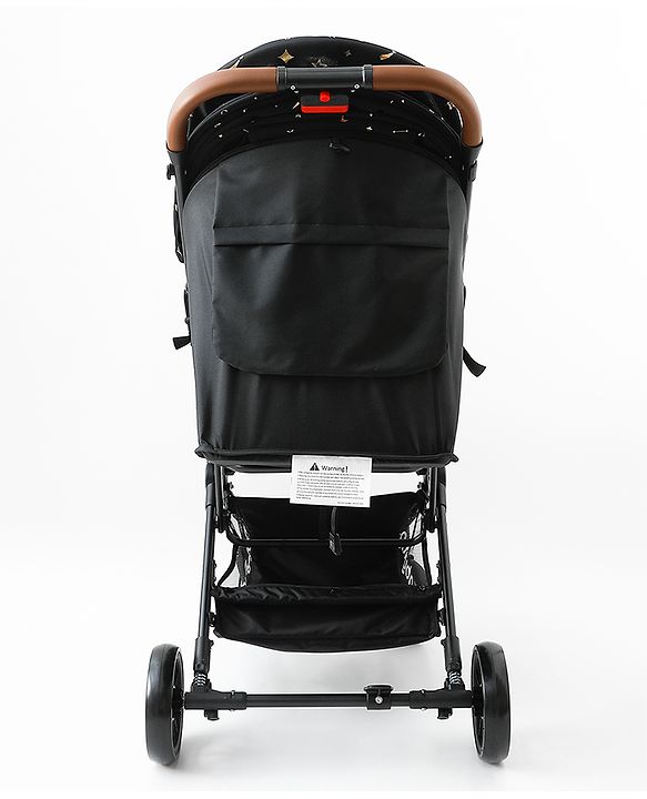 Babyhug Portable Baby Stroller with One-Hand Compact Fold Newborn Pram Concealed Linked Brake, Front Swivel Wheels, Safety Harness, Shock Absorbing Wheels Storage Basket Moon & Star Print - Black