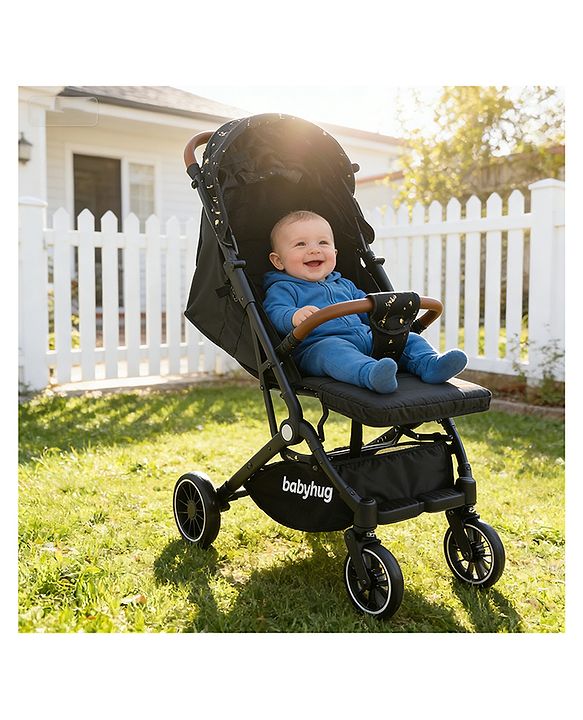 Babyhug Portable Baby Stroller with One-Hand Compact Fold Newborn Pram Concealed Linked Brake, Front Swivel Wheels, Safety Harness, Shock Absorbing Wheels Storage Basket Moon & Star Print - Black
