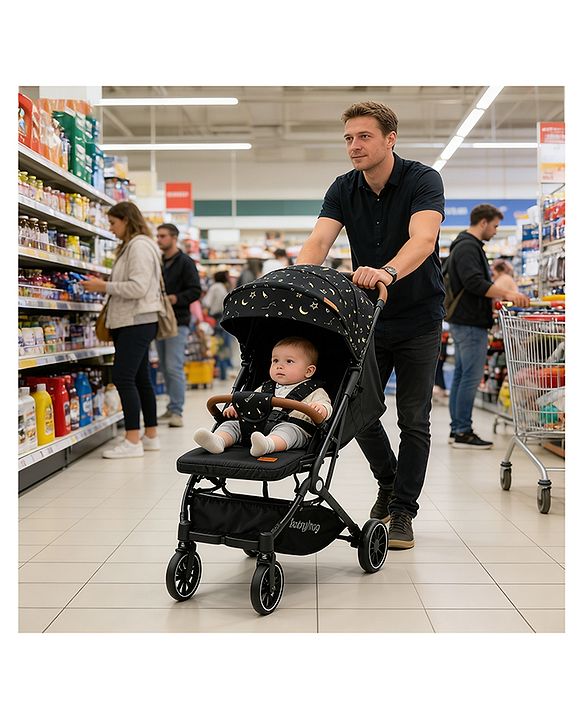 Babyhug Portable Baby Stroller with One-Hand Compact Fold Newborn Pram Concealed Linked Brake, Front Swivel Wheels, Safety Harness, Shock Absorbing Wheels Storage Basket Moon & Star Print - Black