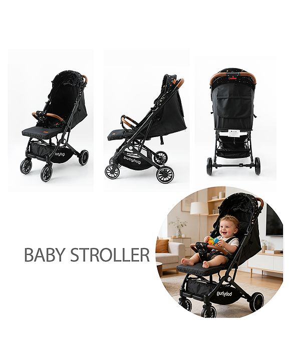 Babyhug Portable Baby Stroller with One-Hand Compact Fold Newborn Pram Concealed Linked Brake, Front Swivel Wheels, Safety Harness, Shock Absorbing Wheels Storage Basket Moon & Star Print - Black