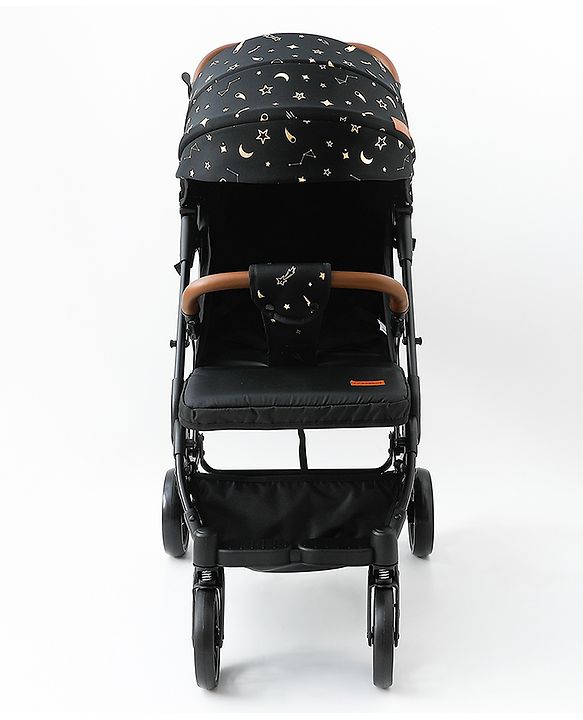 Babyhug Portable Baby Stroller with One-Hand Compact Fold Newborn Pram Concealed Linked Brake, Front Swivel Wheels, Safety Harness, Shock Absorbing Wheels Storage Basket Moon & Star Print - Black