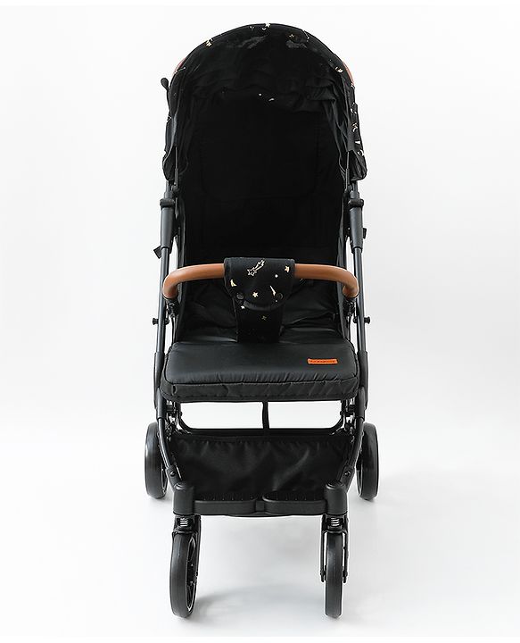 Babyhug Portable Baby Stroller with One-Hand Compact Fold Newborn Pram Concealed Linked Brake, Front Swivel Wheels, Safety Harness, Shock Absorbing Wheels Storage Basket Moon & Star Print - Black