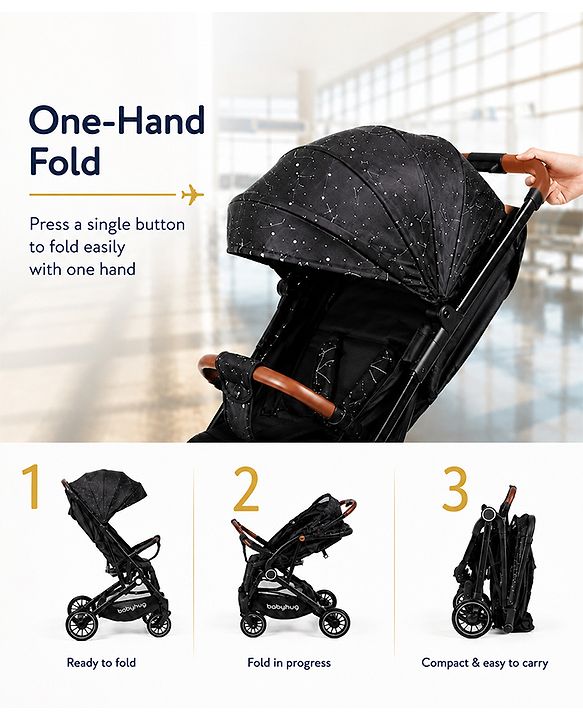 Babyhug Portable Baby Stroller with One-Hand Compact Fold Newborn Pram Concealed Linked Brake, Front Swivel Wheels, Safety Harness, Shock Absorbing Wheels Storage Basket Moon & Star Print - Black