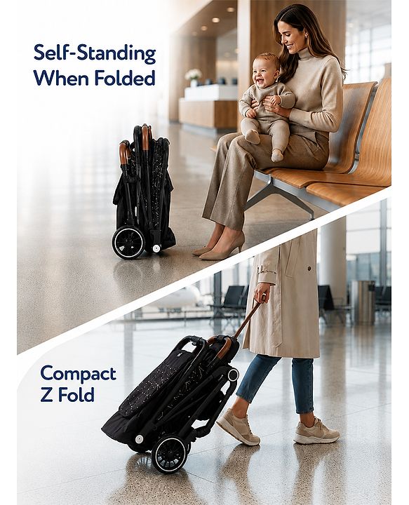 Babyhug Portable Baby Stroller with One-Hand Compact Fold Newborn Pram Concealed Linked Brake, Front Swivel Wheels, Safety Harness, Shock Absorbing Wheels Storage Basket Moon & Star Print - Black