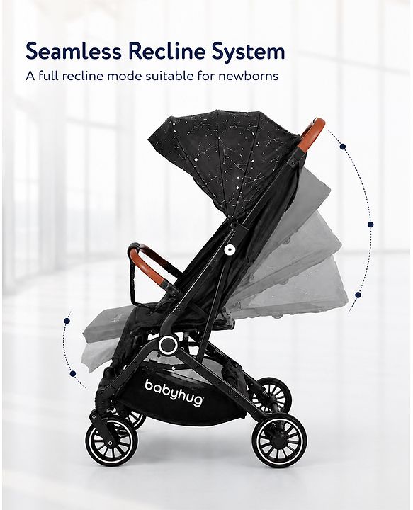 Babyhug Portable Baby Stroller with One-Hand Compact Fold Newborn Pram Concealed Linked Brake, Front Swivel Wheels, Safety Harness, Shock Absorbing Wheels Storage Basket Moon & Star Print - Black
