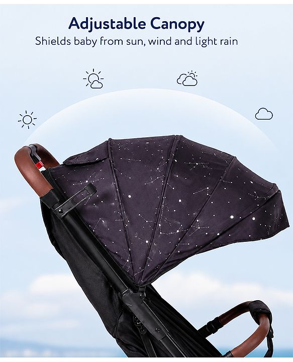 Babyhug Portable Baby Stroller with One-Hand Compact Fold Newborn Pram Concealed Linked Brake, Front Swivel Wheels, Safety Harness, Shock Absorbing Wheels Storage Basket Moon & Star Print - Black