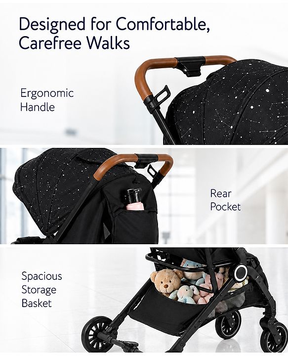 Babyhug Portable Baby Stroller with One-Hand Compact Fold Newborn Pram Concealed Linked Brake, Front Swivel Wheels, Safety Harness, Shock Absorbing Wheels Storage Basket Moon & Star Print - Black