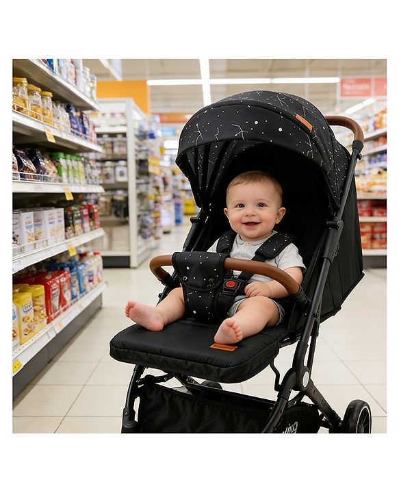 Babyhug Portable Baby Stroller with One-Hand Compact Fold Newborn Pram Concealed Linked Brake, Front Swivel Wheels, Safety Harness, Shock Absorbing Wheels Storage Basket Moon & Star Print - Black