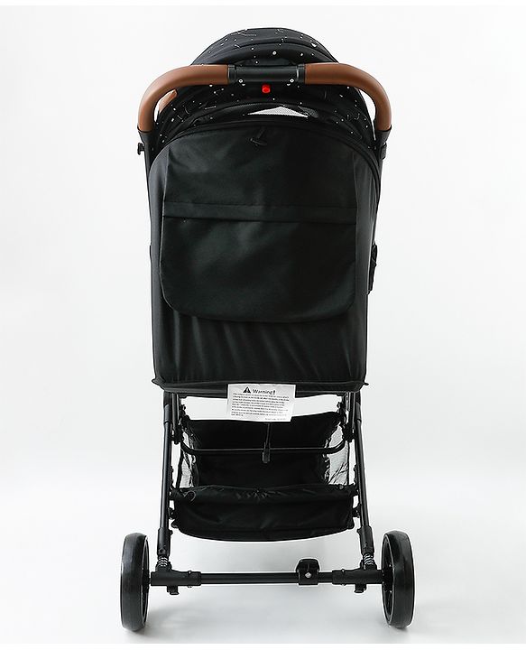 Babyhug Portable Baby Stroller with One-Hand Compact Fold Newborn Pram Concealed Linked Brake, Front Swivel Wheels, Safety Harness, Shock Absorbing Wheels Storage Basket Moon & Star Print - Black