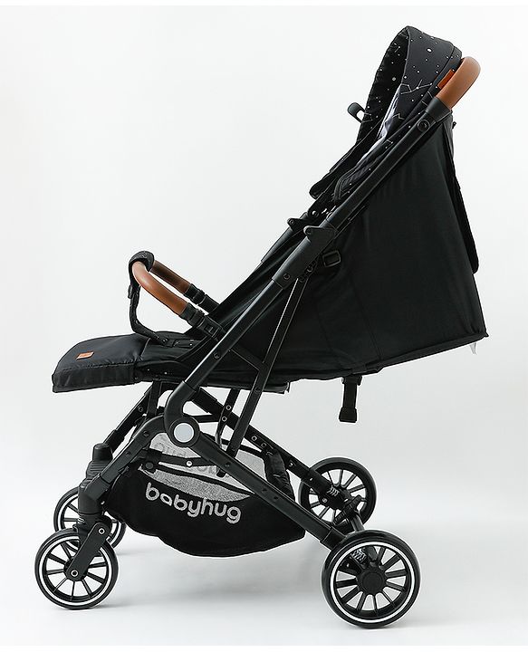 Babyhug Portable Baby Stroller with One-Hand Compact Fold Newborn Pram Concealed Linked Brake, Front Swivel Wheels, Safety Harness, Shock Absorbing Wheels Storage Basket Moon & Star Print - Black