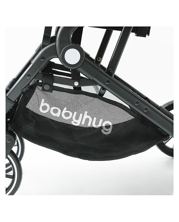 Babyhug Portable Baby Stroller with One-Hand Compact Fold Newborn Pram Concealed Linked Brake, Front Swivel Wheels, Safety Harness, Shock Absorbing Wheels Storage Basket Moon & Star Print - Black