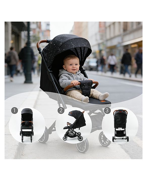 Babyhug Portable Baby Stroller with One-Hand Compact Fold Newborn Pram Concealed Linked Brake, Front Swivel Wheels, Safety Harness, Shock Absorbing Wheels Storage Basket Moon & Star Print - Black