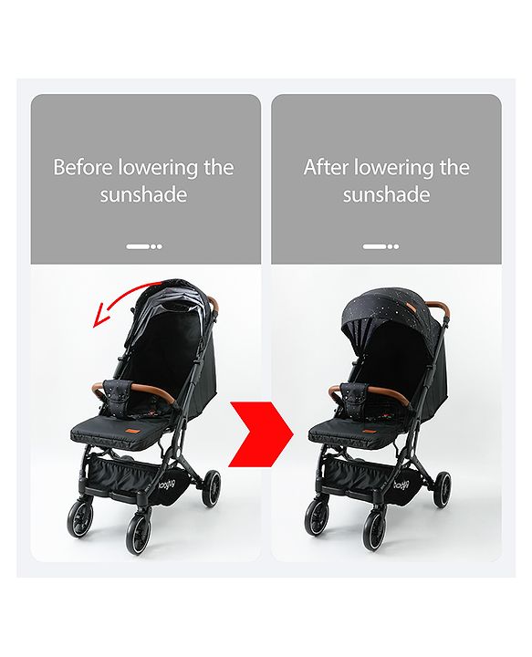 Babyhug Portable Baby Stroller with One-Hand Compact Fold Newborn Pram Concealed Linked Brake, Front Swivel Wheels, Safety Harness, Shock Absorbing Wheels Storage Basket Moon & Star Print - Black