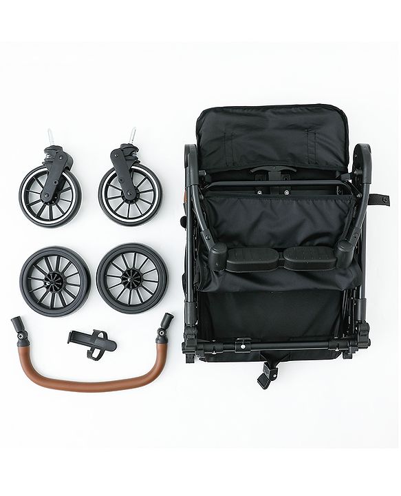 Babyhug Portable Baby Stroller with One-Hand Compact Fold Newborn Pram Concealed Linked Brake, Front Swivel Wheels, Safety Harness, Shock Absorbing Wheels Storage Basket Moon & Star Print - Black