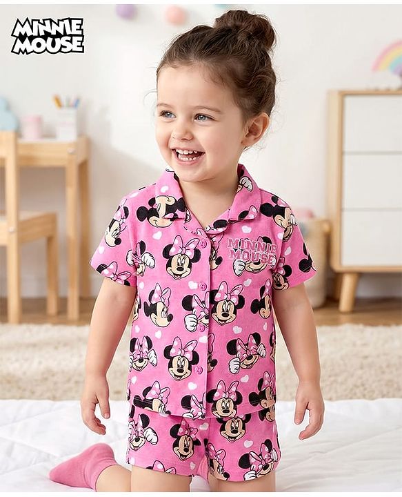 Babyhug Disney Single Jersey knit Half Sleeves Shorts Night suit With Minnie Mouse Print - Pink