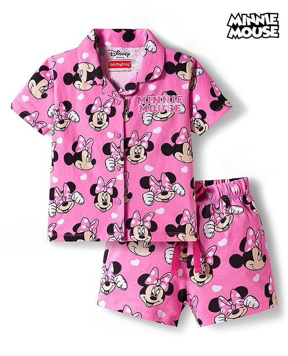 Babyhug Disney Single Jersey knit Half Sleeves Shorts Night suit With Minnie Mouse Print - Pink