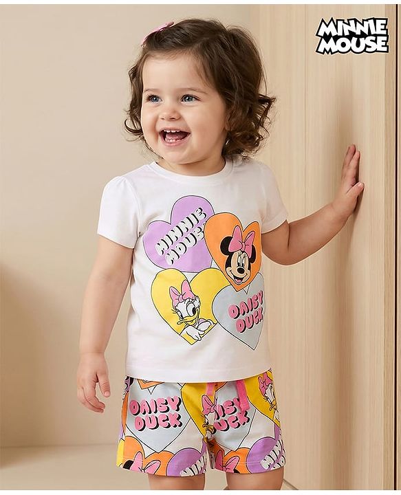 Babyhug Disney Single Jersey Knit Half Sleeves Shorts Night Suit With Minnie & Friends Print - White