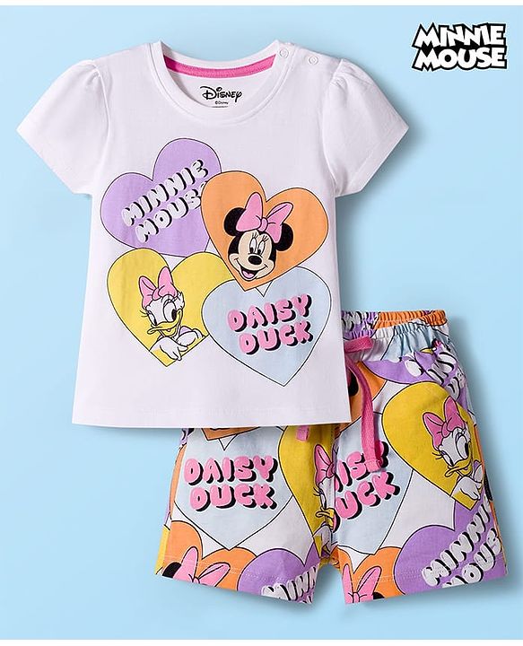 Babyhug Disney Single Jersey Knit Half Sleeves Shorts Night Suit With Minnie & Friends Print - White