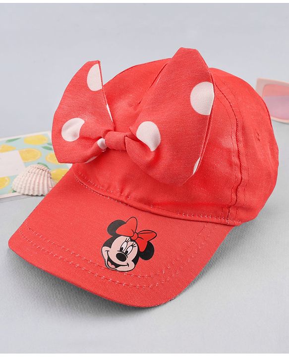 Babyhug Disney Cotton Woven Cap With Mickey Mouse Graphics Red - Diameter 13 cm