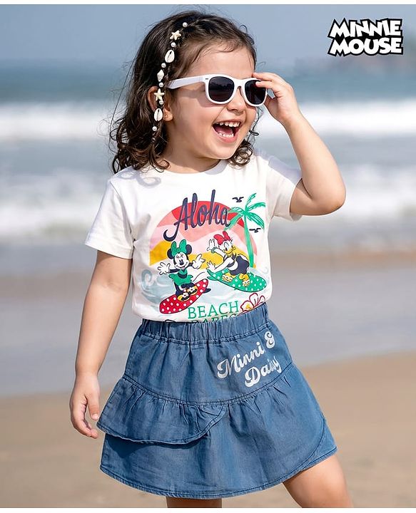 Babyhug Disney Single Jersey Knit Half Sleeves T-Shirt & Skirt Set with Minnie & Friends Graphic - Navy Blue & White