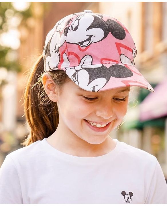 Babyhug Disney Cotton Woven Summer Cap with Minnie Mouse Graphic Pink - Diameter 16 cm