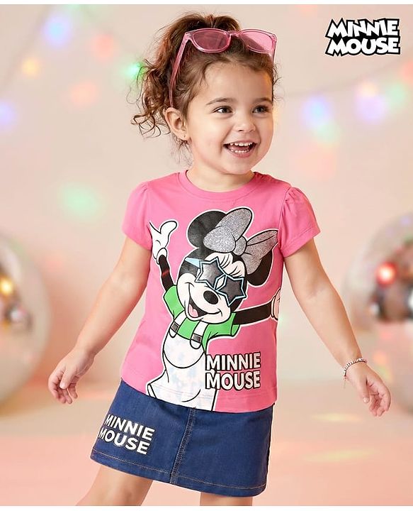 Babyhug Disney Single Jersey Knit Half Sleeves Top & Denim Skirt with Minnie Mouse Graphic - Pink & Blue