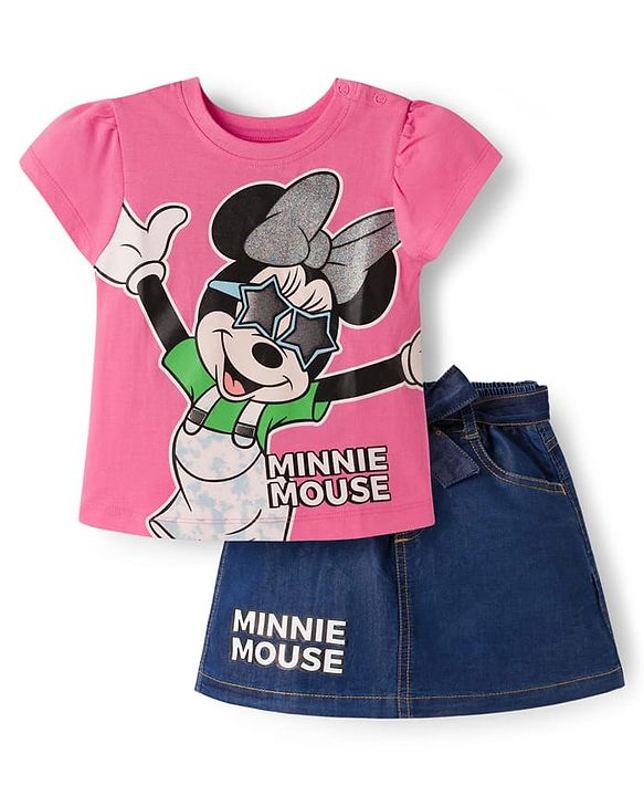 Babyhug Disney Single Jersey Knit Half Sleeves Top & Denim Skirt with Minnie Mouse Graphic - Pink & Blue