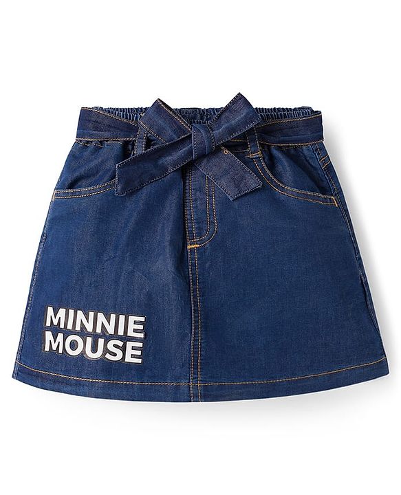 Babyhug Disney Single Jersey Knit Half Sleeves Top & Denim Skirt with Minnie Mouse Graphic - Pink & Blue