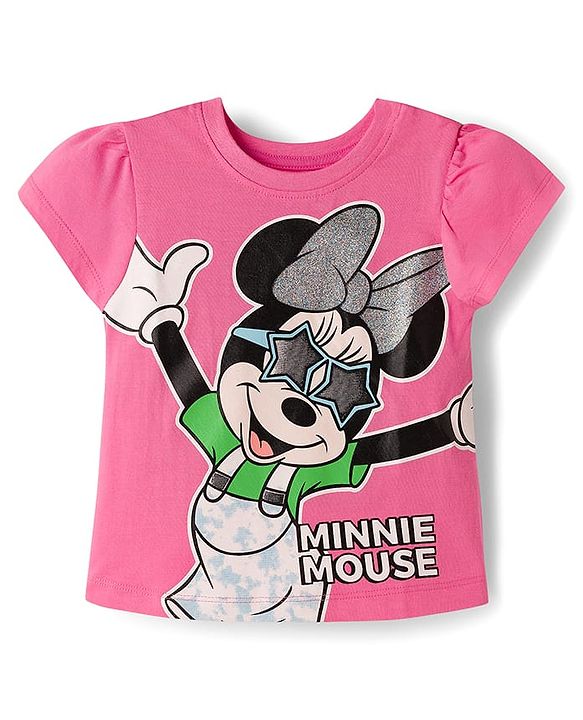 Babyhug Disney Single Jersey Knit Half Sleeves Top & Denim Skirt with Minnie Mouse Graphic - Pink & Blue