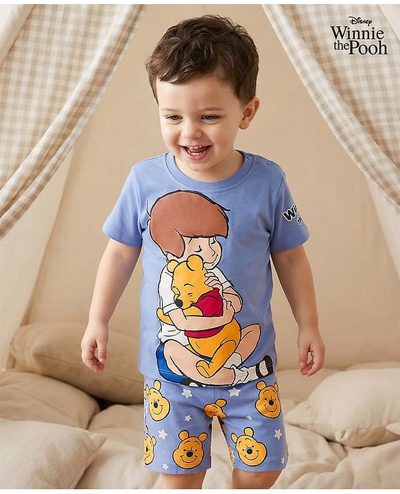 Babyhug Disney Single Jersey Knit Half Sleeves Shorts Night Suit With Winnie & Friends Graphics - Light Blue